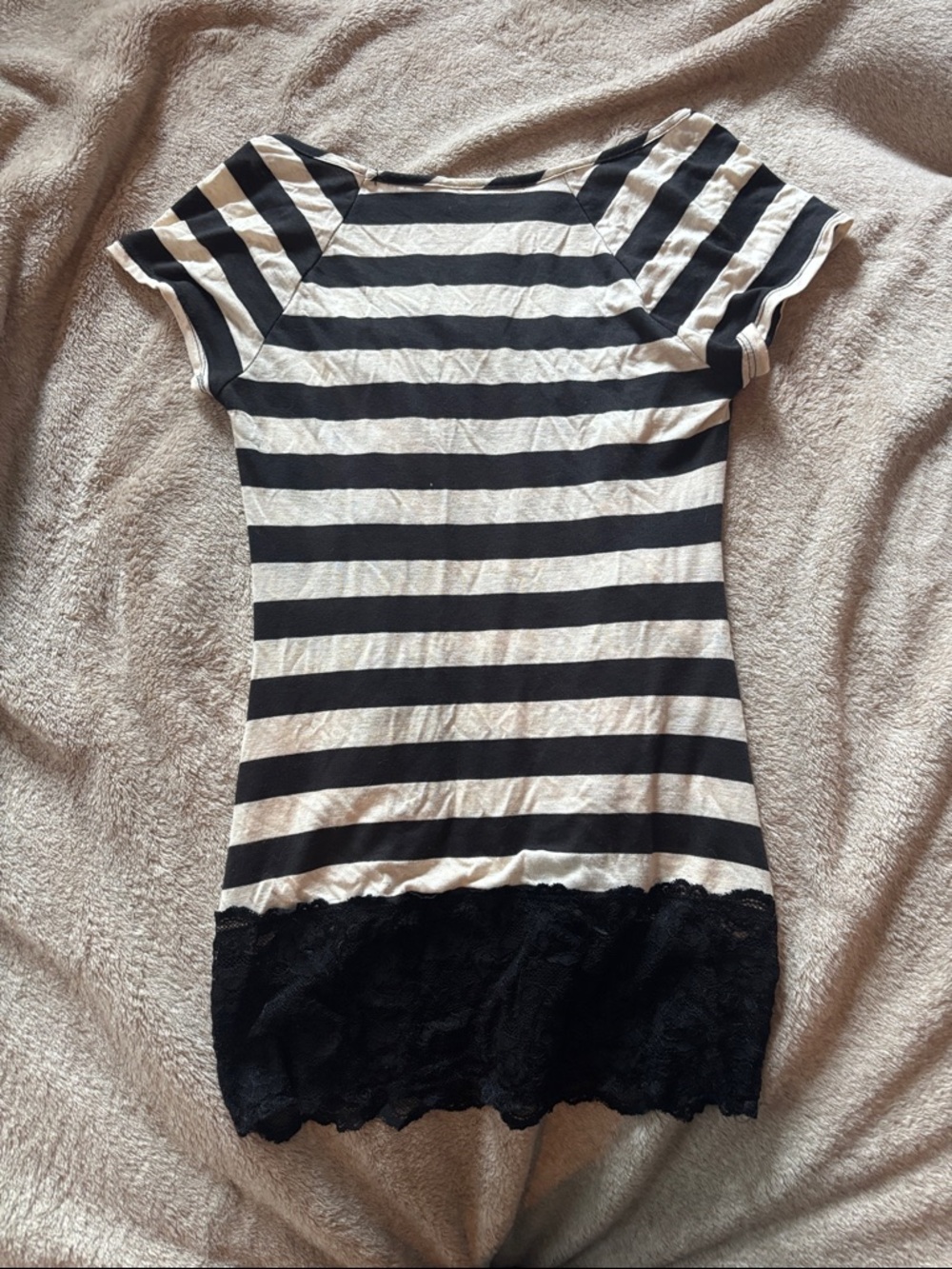 Black and Cream Striped Lace-Trim Women's Top - Picture 3 of 3